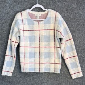 Rachel Zoe Plaid Soft Fuzzy Crew Sweater - White Light Blue, Red Women’s Medium